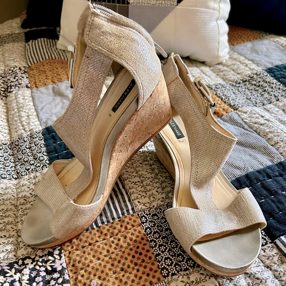 Alex Marie Cream Wedges with Ankle Straps and Open-Toe Design